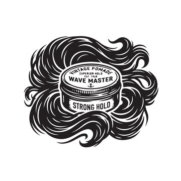 Vintage hair pomade container with wavy hair illustration.