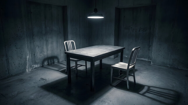 Empty Interrogation Room With Table and Chairs Under Hanging Lamp