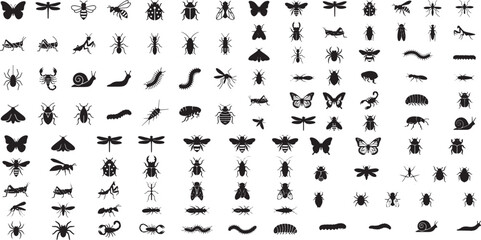 Large collection of insect silhouette icons depicting various bug species beetles butterflies spiders grasshoppers worms bees ants. © RiponTalukdar