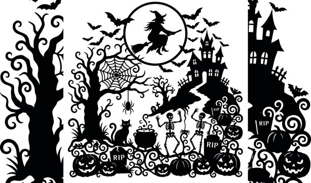 Spooky halloween scene with witch skeletons and haunted house silhouette