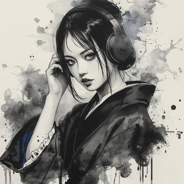 音楽を聴く和装の女性と墨のインクアート