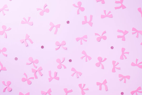 Breast Cancer, Pink ribbon and circle glitter confetti on pink background. Awareness concept. October