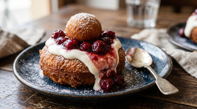 Papanasi, fried doughnuts with sour cream and jam