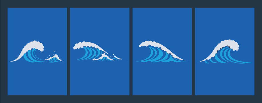 Ocean Wave Logo Collection &ndash; Modern Blue Sea Surf Wave Icon Set Flat Vector Illustration,