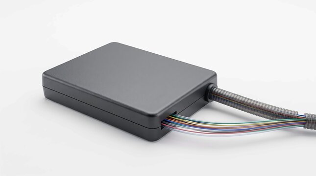 Black plastic electronic junction box with multi colored wires inside a flexible protective grey conduit