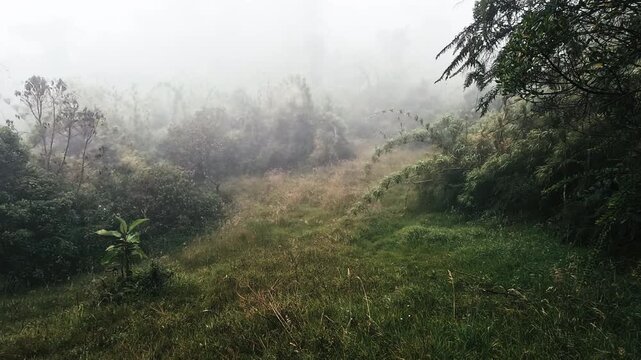 Foggy Cloud Forest Clearing in Ecuador with Mist, Grass, Dense Trees and Remote Andean Amazon Nature Landscape for Ecotourism