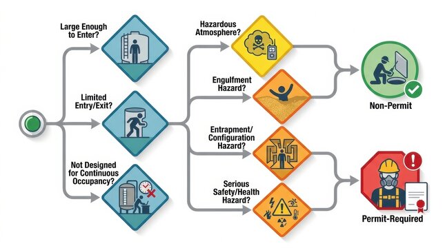 Flowchart shows steps for assessing confined spaces for safety and required permits for entry into hazardous areas.