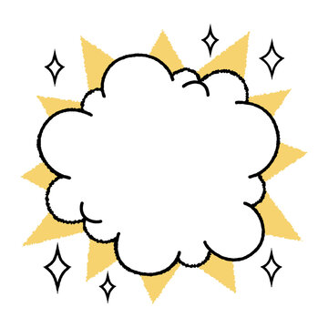 Comic starburst frame speech bubble with cloud shape over yellow burst and sparkle accents. Outline speech bubble for stickers, greeting cards or comic panels