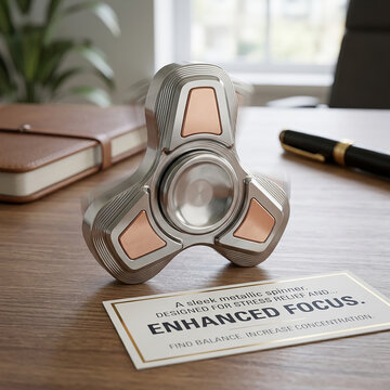 Modern metallic fidget spinner on wooden desk. Stress-relief gadget for enhanced focus and productivity in office settings.