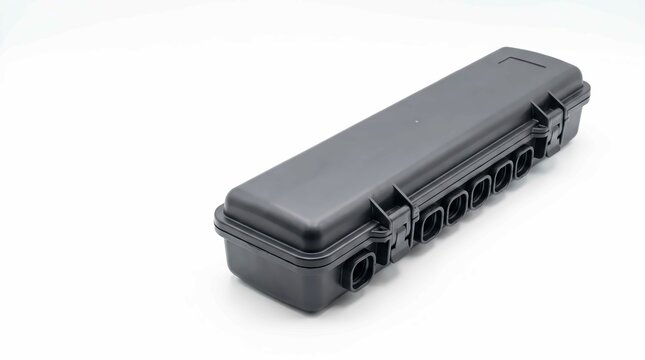 Black rectangular plastic industrial connection box with multiple secure locking latches on white background surface