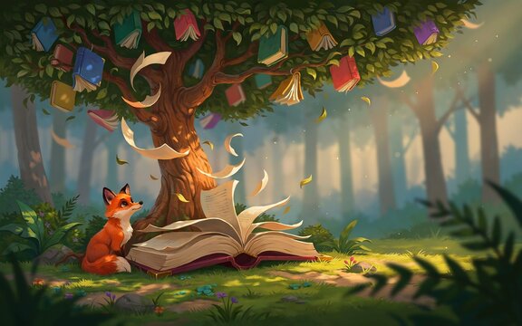 Magical tree of books growing from open book representing literacy, education, knowledge and lifelong learning concept