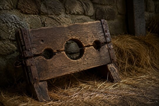 A rough wooden pillory in hay against a stone castle wall.