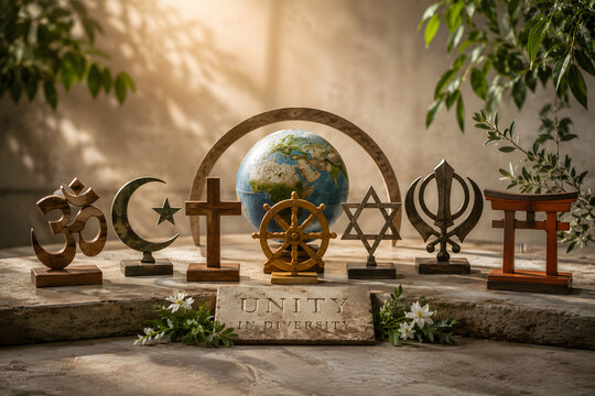 Diverse religious symbols displayed respectfully, representing interfaith harmony, mutual respect, peaceful coexistence, and shared human values.