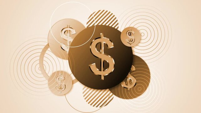 Abstract finance concept with dollar signs on overlapping circles and geometric rings animation