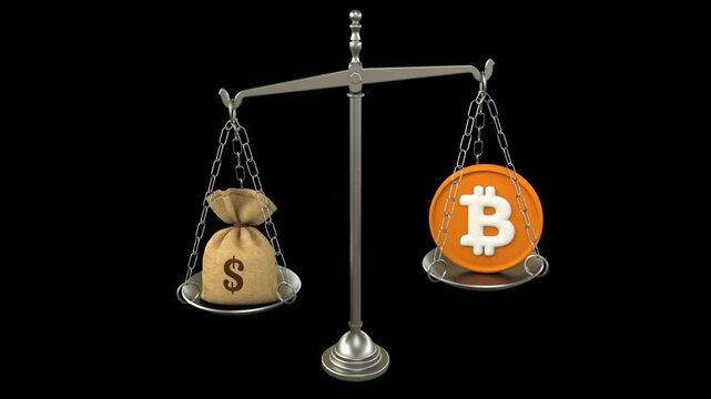 Bitcoin and dollars bag balance scale &ndash; 3d render looped with alpha channel.