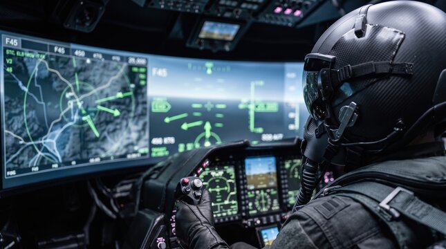 A male pilot in a flight suit and flight helmet operates a high-tech military cockpit flight simulator. Large animated screens display a virtual sky over clouds, mimicking a tactical military flight.
