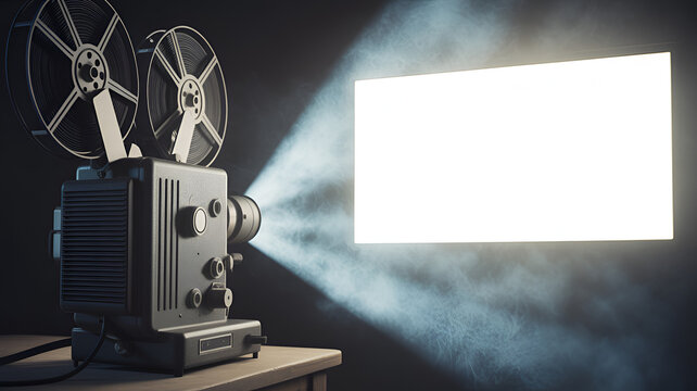 Vintage film projector emitting light beam onto a luminous screen during a nostalgic movie screening