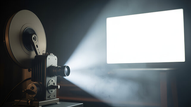 Vintage film projector emitting light beam onto a blank screen during atmospheric cinematic presentation
