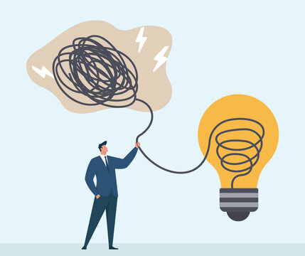 Man untangling chaos into a bright idea, problem solving, creative thinking, mental clarity, simplifying complexity, innovative solutions