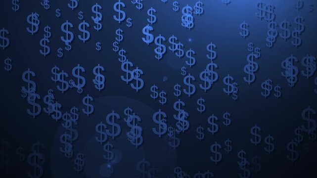 Many dollar signs floating on a dark gray background, showing money finance and wealth concepts animation