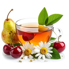 Fresh fruit tea with daisies and green leaves. © vanss