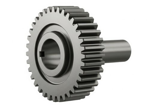 Close-up of a mechanical gear with shaft isolated on white background