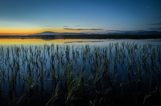 Dusk view across Duddon Estuary towards Black Combe from Roanhead in Sandscale Haws National Nature Reserve