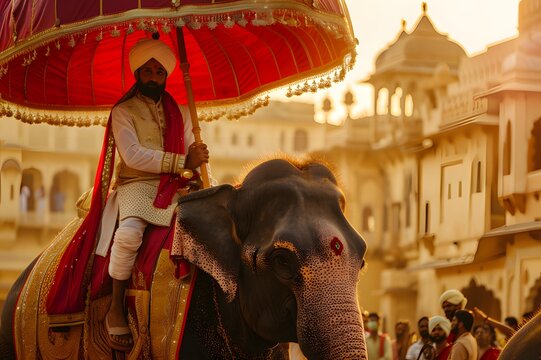Authentic travel stock photography of traditional indian parade with adorned elephant in jaipur