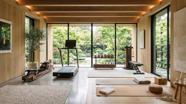 Modern home gym interior with exercise equipment.