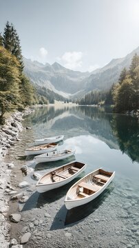 A serene lake with several rowboats gently bobbing near the shore. Towering mountains and lush green trees frame the tranquil water, reflecting the clear sky above