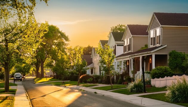 charming houses and lush trees line a quiet street all bathed in warm sunlight showcasing peaceful neighborhood life