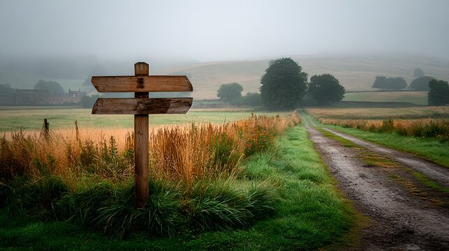 A wooden signpost stands at a fork in a path through a rural landscape, with fields and trees under a misty sky