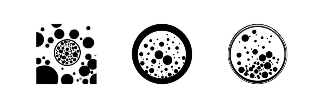 Petri dish set with solid black silhouette and crisp circular outlines featuring microbiology theme, bacteria cultures, illustration with vector graphics and white background