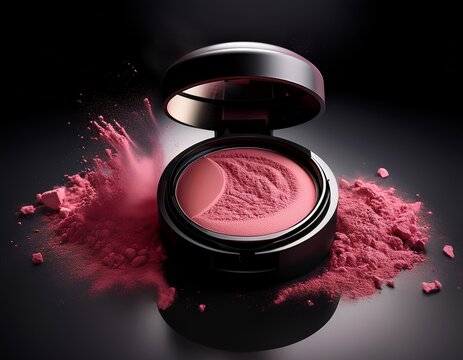 luxury pink blush powder in a black compact with powder particles dispersing against a dark background showcasing beauty product details and texture