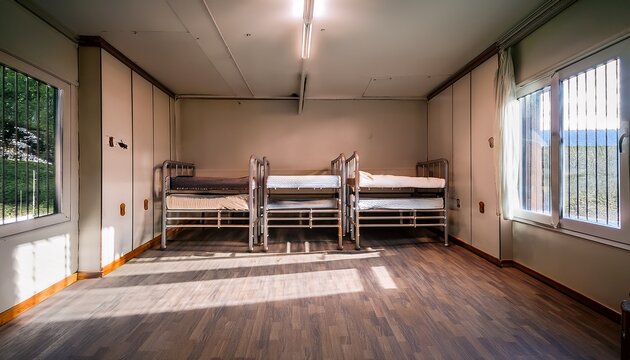 empty bunk beds in a deserted barracks room showing minimalistic interior design and lighting