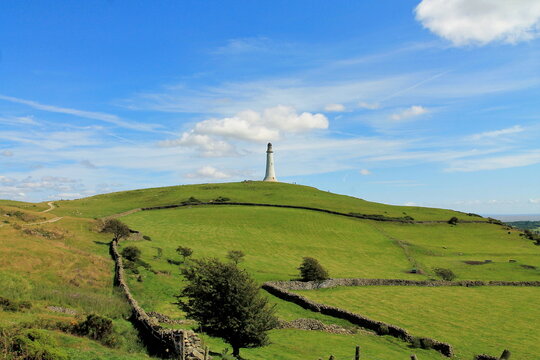 View from Birkrigg towards John Barrow Monument on Hoad Hill in Ulverston, Furness Peninsula, Cumbria, United Kingdom