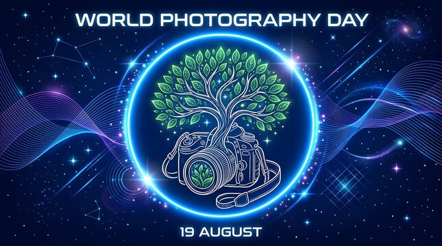 World Photography Day poster. Tree of life illustration with neon effect.