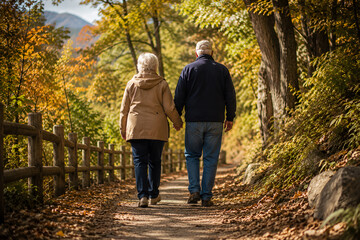 Fototapeta premium Elderly couple holding hands on trail . Walking on Forest Trail. Behind