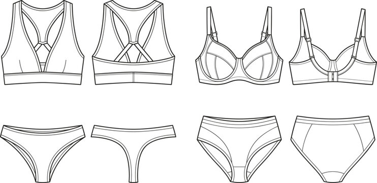 Technical flat sketches of lingerie set including bras and panties with detailed construction lines