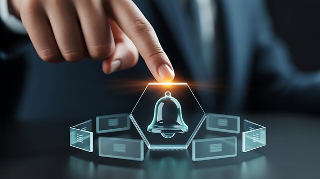 A businessman finger touching a digital holographic notification bell on a glass interface representing alerts and system updates in business