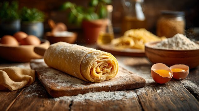 A delicious, homemade pasta roll rests on a wooden board, surrounded by fresh ingredients like eggs, flour, and herbs, promising a delightful culinary experience