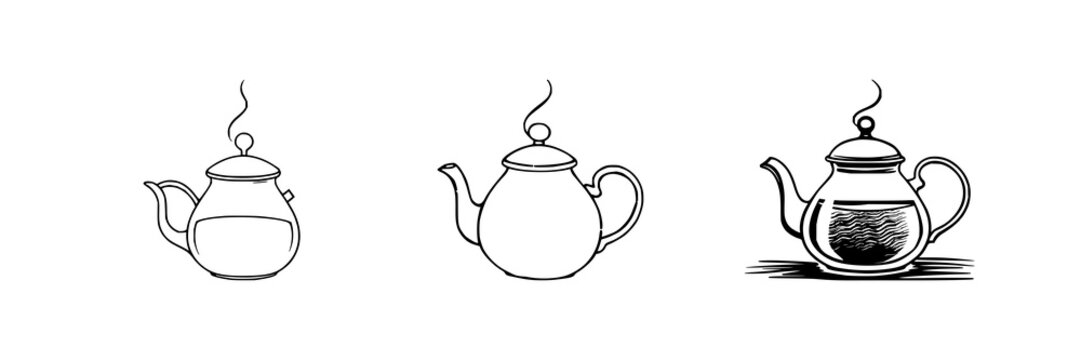 Teapot set with abstract line art illustration featuring tea, steam, cafe minimalist design with black ink and white background