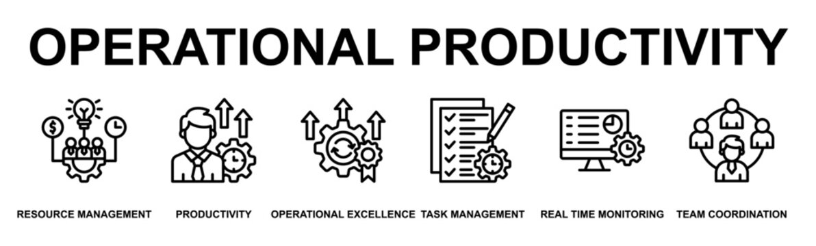 Operational Productivity Banner Web Outline Icon Vector Illustration Concept for Business with Icons of Resource Management, Workforce Productivity, Operational Excellence, Task Management, Real Time