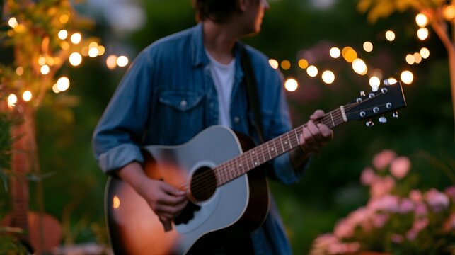 A person playing an acoustic guitar outdoors at dusk surrounded by string lights and greenery