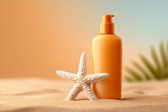 A sunblock lotion bottle and a starfish stand on the sand, evoking summer vacation vibes and sun protection needs