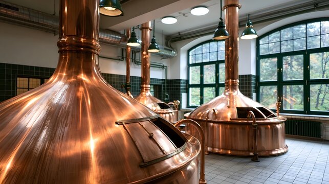 Large copper brewing kettles inside a traditional brewery with arched and tiled walls