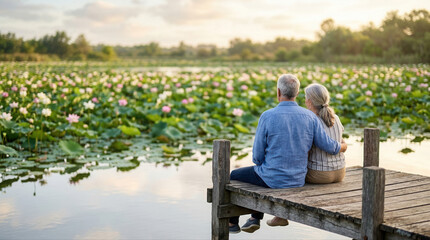 Fototapeta premium Couple sharing a peaceful moment on a pier by the water surrounded by stunning lily pads in a tranquil setting