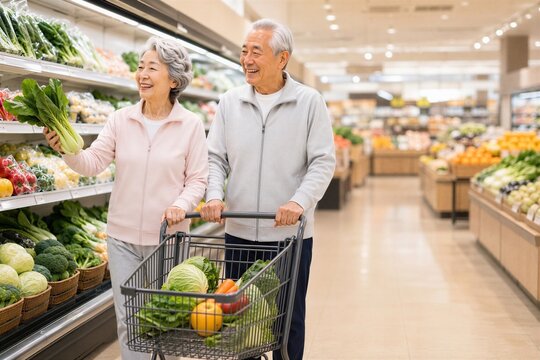 スーパーで新鮮な野菜を選ぶ笑顔の日本人シニア夫婦