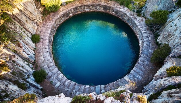 a deep circular well reveals clear water amidst rocky surroundings