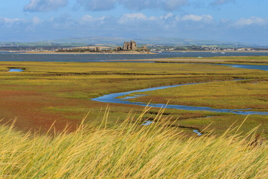 View of Piel Island from South Walney Nature Reserve with marshlands and water features